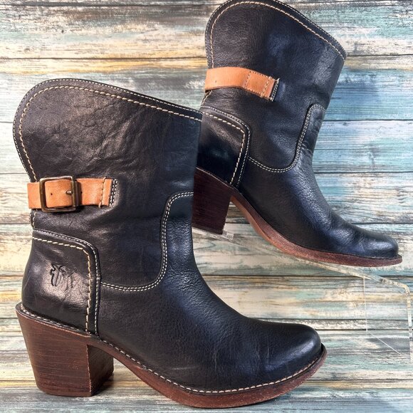 Frye Carmen Short Boots Womens Size 6.5B Black Leather Pull On Western Cowgirl - Picture 1 of 16